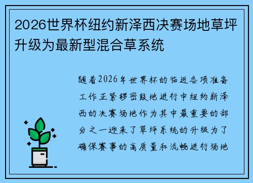 2026世界杯纽约新泽西决赛场地草坪升级为最新型混合草系统
